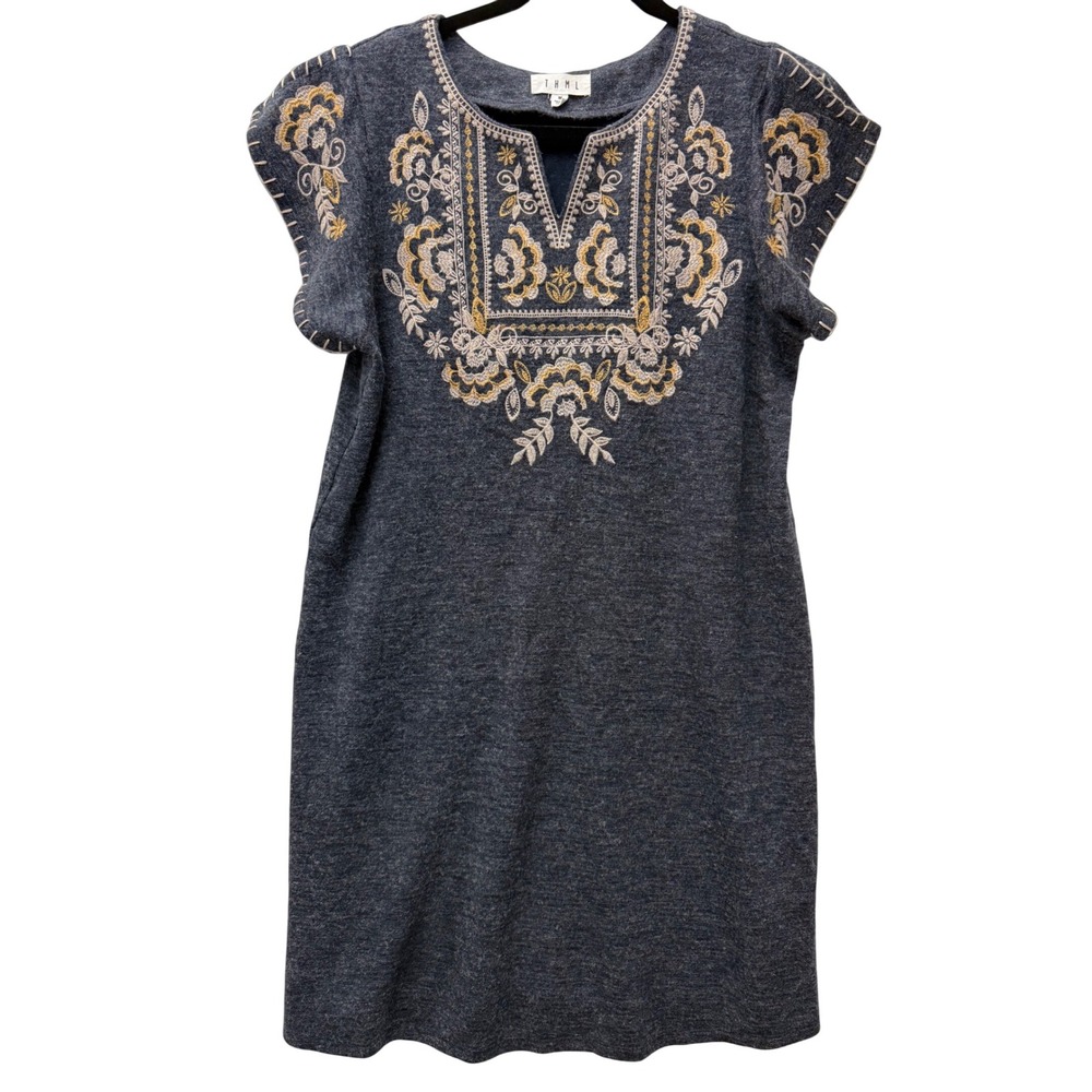 THML Embroidered Gray Slit Sleeve‎ Dress Size Medium - Boho Designer Dress